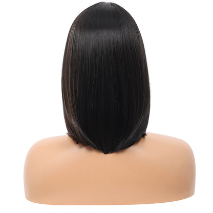 Bob Wigs for Women Short Straight Bob Wig with Hair Bangs Natural Looking Heat Resistant Synthetic Hair Wigs for Women 13 Inches (Black brown highlights)