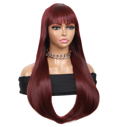 28 inches Burgundy Wigs Women's Silky Long Straight Wig Heat Resistant Synthetic Wig With Bangs Hair Wig for Women