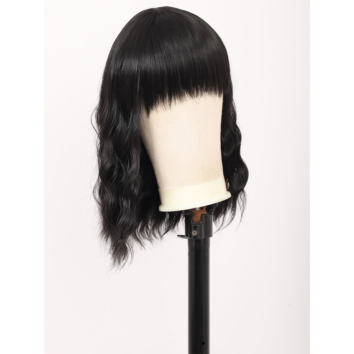 Short Synthetic Black Wig with Hair Bangs Short Wavy Curly Wig for Women -Natural Looking and Heat Resistant Full Head Hair Replacement Wig for Daily Wear or Costume Wig