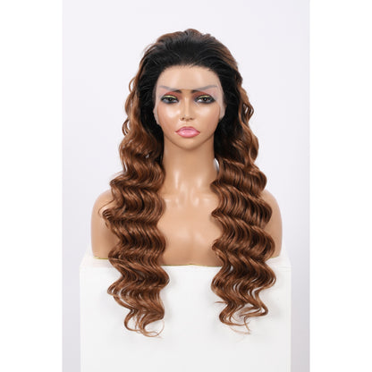24 Inch Long Loose Deep Wave Wig Synthetic Lace Front Wig for Women Ombre Mix Brown Curly Wig Darily Party Dress Women Wigs