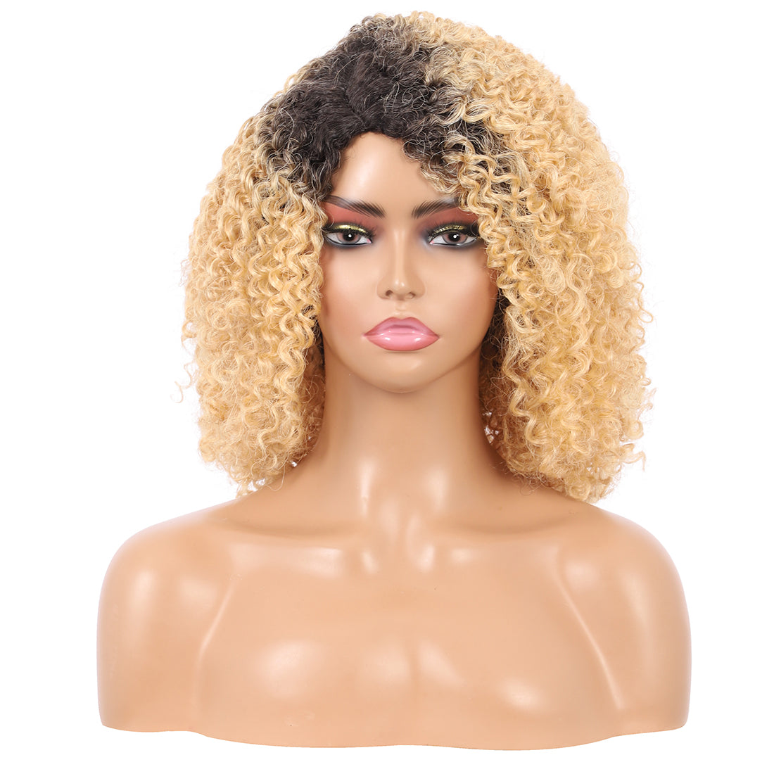 Short Afro Kinky Curly Wigs for Women Side Curved Side Part Natural Looking Big,Bouncy and Super Soft Premium Synthetic Afro Curls Wigs for Women Ombre Blonde