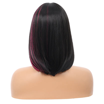 Bob Wigs for Women Short Straight Bob Wig with Hair Bangs Natural Looking Heat Resistant Synthetic Hair Wigs for Women 13 Inches (Black with pink highlights)