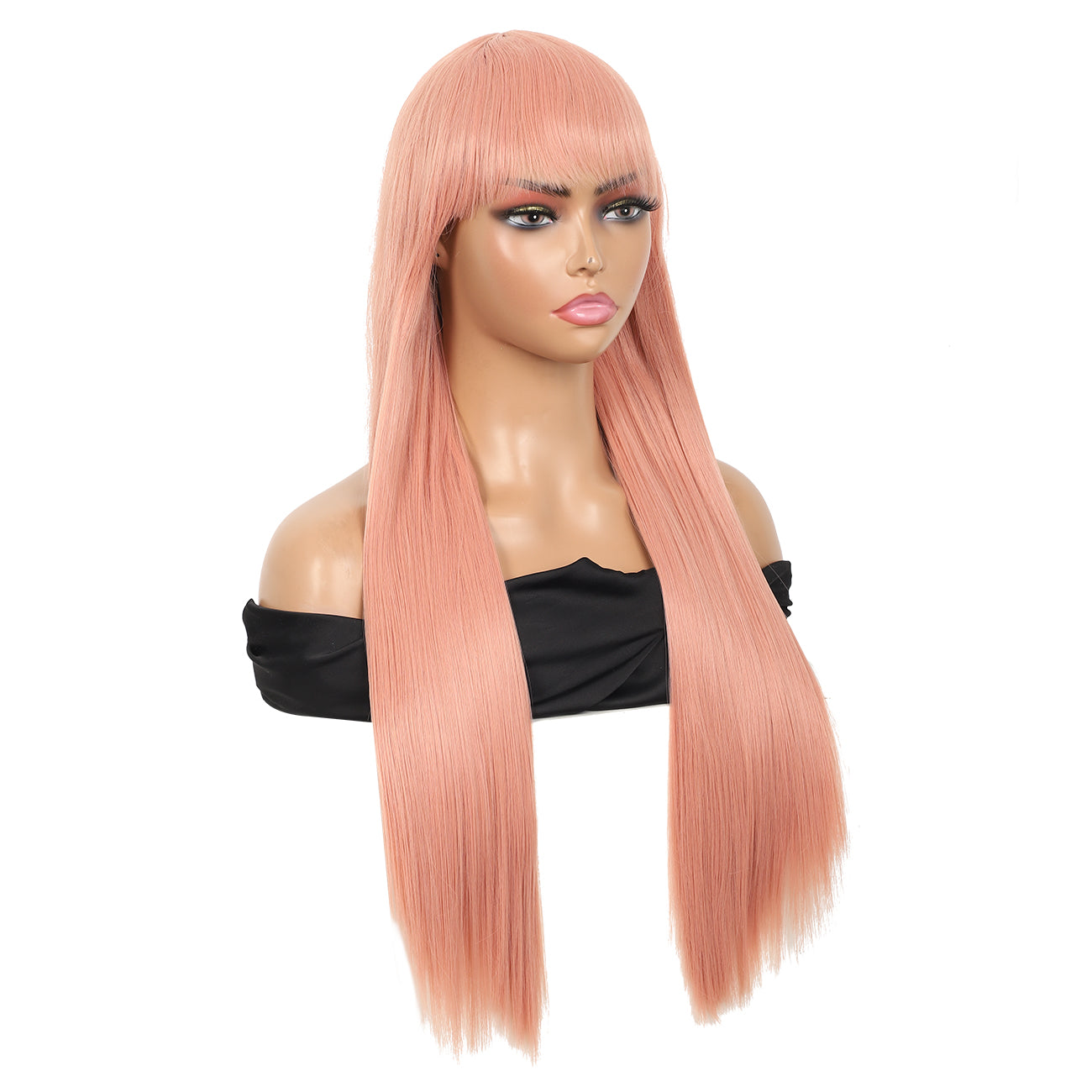 28 inches Pink Wigs Women's Silky Long Straight Wig Heat Resistant Synthetic Wig With Bangs Hair Wig for Women