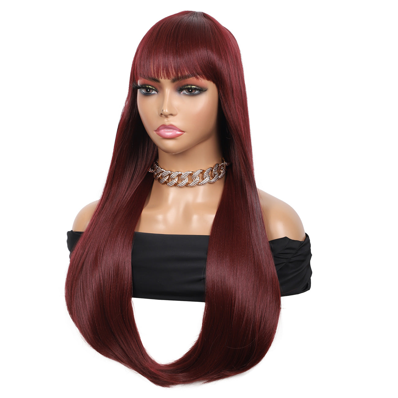 28 inches Burgundy Wigs Women's Silky Long Straight Wig Heat Resistant Synthetic Wig With Bangs Hair Wig for Women