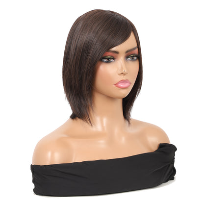 10'' Women's Edge Lace Brown Short Bob Wig with Hair Bangs Natural Looking Synthetic Wigs for Daily