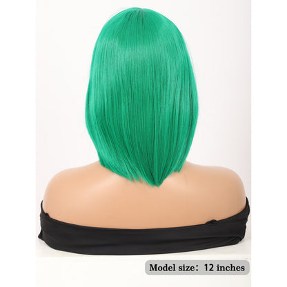 Green Short Straight Bob Wig with Bangs Yaki Short Wig Glueless Natural Look Easy Wear 12"
