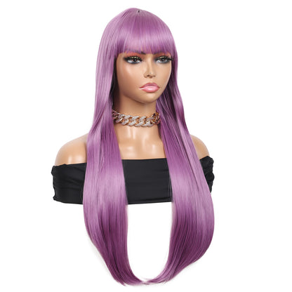 28 inches Platinum Blonde Wigs Women's Silky Long Straight Wig Heat Resistant Synthetic Wig With Bangs Hair Wig for Women