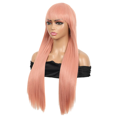 28 inches Pink Wigs Women's Silky Long Straight Wig Heat Resistant Synthetic Wig With Bangs Hair Wig for Women