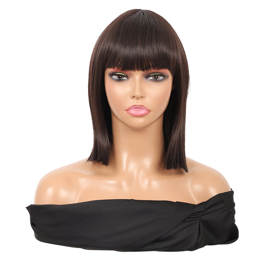 Brown Short Straight Bob Wig with Bangs Yaki Short Wig Glueless Natural Look Easy Wear 12"