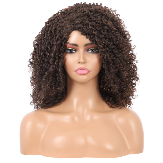 Short Afro Kinky Curly Wigs for Women Side Curved Side Part Natural Looking Big,Bouncy and Super Soft Premium Synthetic Afro Curls Wigs for Women brown highlights