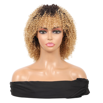 8" Synthetic Short Afro Kinky Curly Wigs for Black Women Realistic Curly Wigs with Hair Bangs Lightweight Soft Bouncy Curls Hair Wigs（Ombre blonde 1）