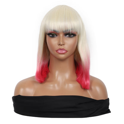 Bob Wigs for Women Short Straight Bob Wig with Hair Bangs Natural Looking Heat Resistant Synthetic Hair Wigs for Women 13 Inches (Blonde to Pink Ombre)