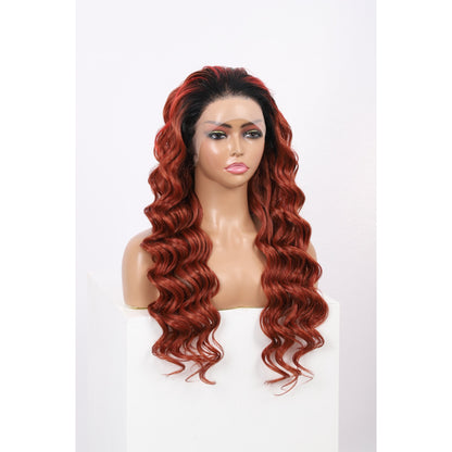 24 Inch Long Loose Deep Wave Wig Synthetic Lace Front Wig for Women Ombre Mix Red Curly Wig Darily Party Dress Women Wigs