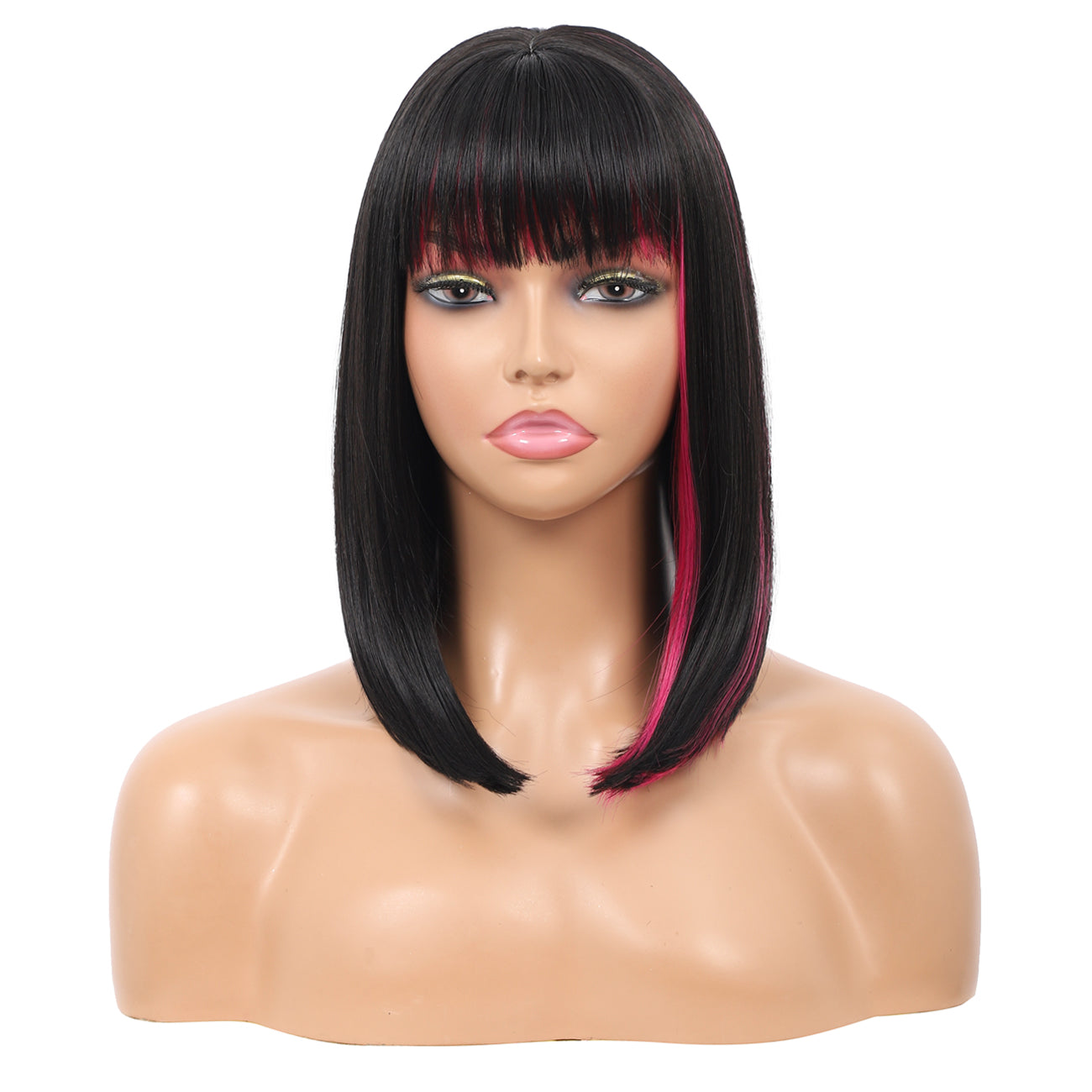 Bob Wigs for Women Short Straight Bob Wig with Hair Bangs Natural Looking Heat Resistant Synthetic Hair Wigs for Women 13 Inches (Black with pink highlights)