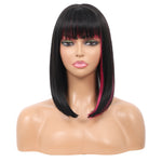 Bob Wigs for Women Short Straight Bob Wig with Hair Bangs Natural Looking Heat Resistant Synthetic Hair Wigs for Women 13 Inches (Black with pink highlights)