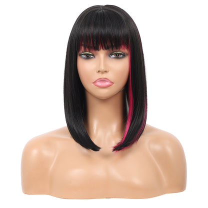Bob Wigs for Women Short Straight Bob Wig with Hair Bangs Natural Looking Heat Resistant Synthetic Hair Wigs for Women 13 Inches (Black with pink highlights)
