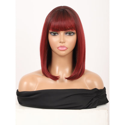 Bob Wigs for Women Short Straight Bob Wig with Hair Bangs Natural Looking Heat Resistant Synthetic Hair Wigs for Women 13 Inches (Burgundy)