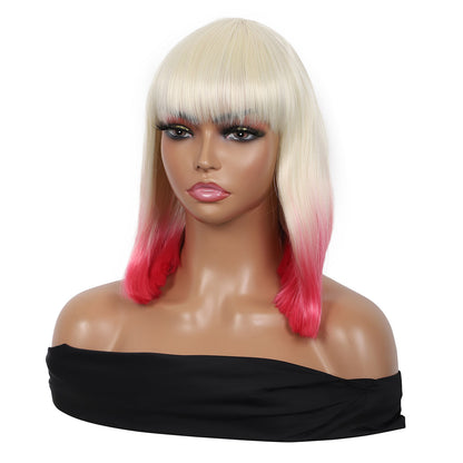 Bob Wigs for Women Short Straight Bob Wig with Hair Bangs Natural Looking Heat Resistant Synthetic Hair Wigs for Women 13 Inches (Blonde to Pink Ombre)