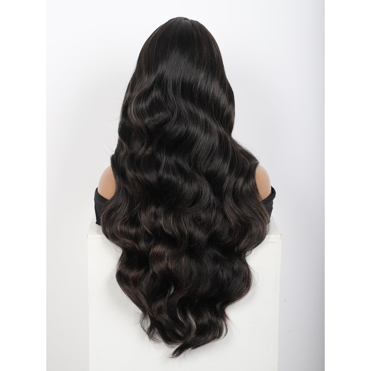 28 inches Black Brown Highlights Yaki Synthetic Hair Wigs for Women Long Body Wavy Curly Wigs L Parting Natural Looking Heat Resistant Replacement Wigs