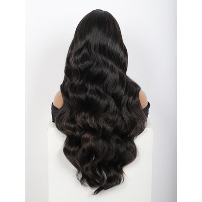 28 inches Black Brown Highlights Yaki Synthetic Hair Wigs for Women Long Body Wavy Curly Wigs L Parting Natural Looking Heat Resistant Replacement Wigs