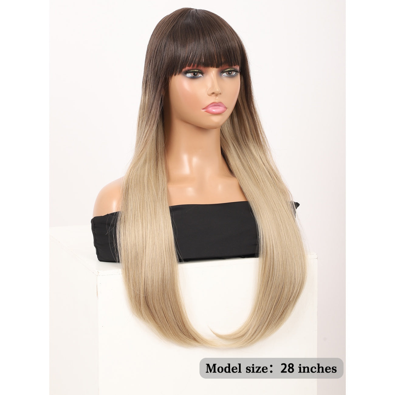 28 inches Ombre Mix blonde Wigs Women's Silky Long Straight Wig Heat Resistant Synthetic Wig With Bangs Hair Wig for Women