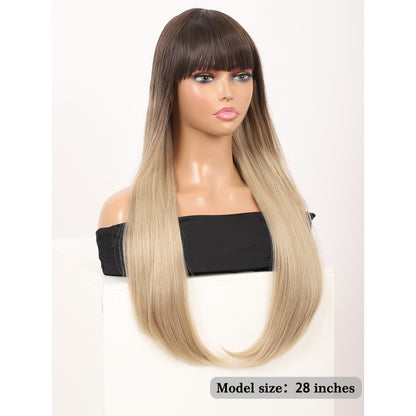 28 inches Ombre Mix blonde Wigs Women's Silky Long Straight Wig Heat Resistant Synthetic Wig With Bangs Hair Wig for Women