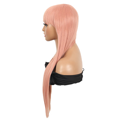 28 inches Pink Wigs Women's Silky Long Straight Wig Heat Resistant Synthetic Wig With Bangs Hair Wig for Women
