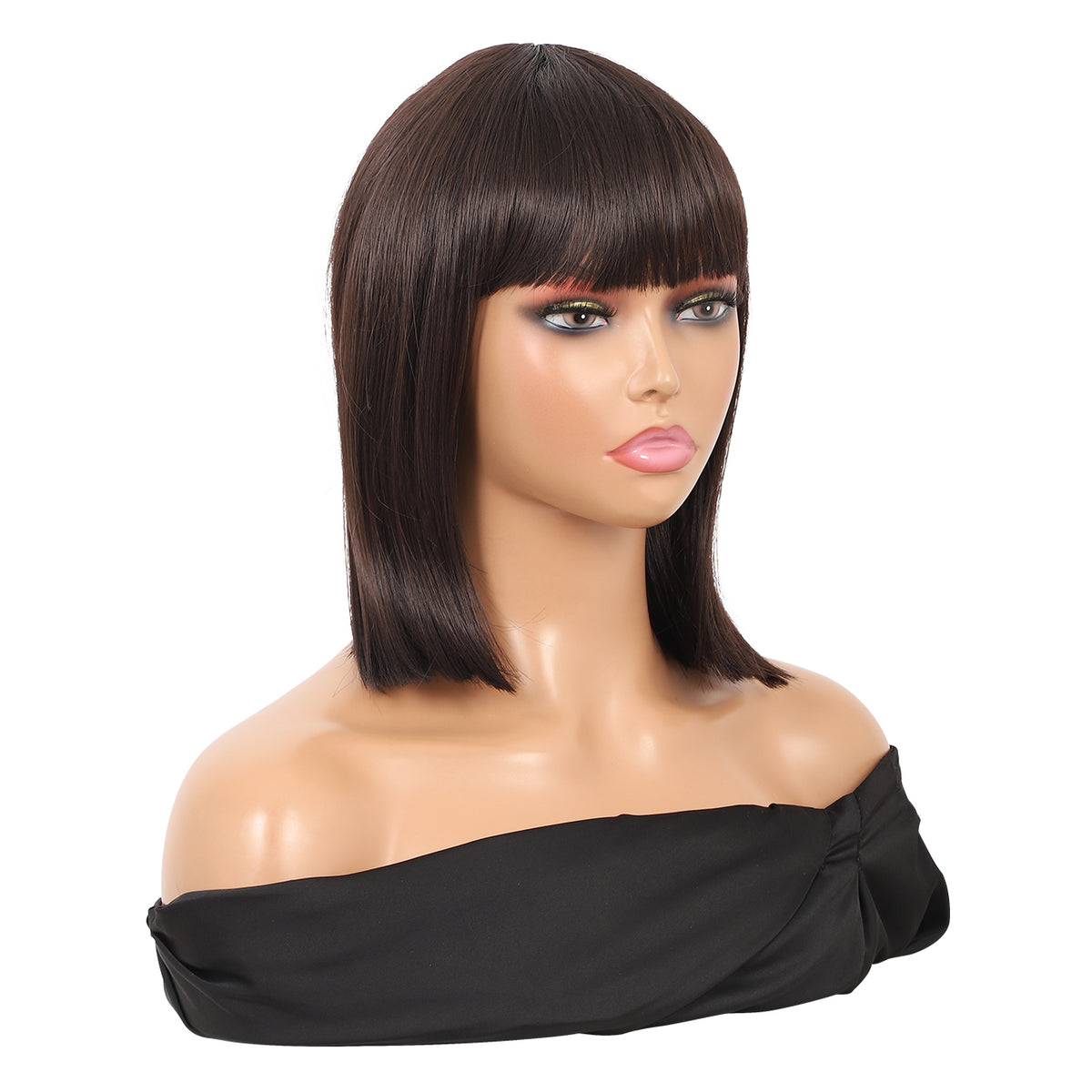 Brown Short Straight Bob Wig with Bangs Yaki Short Wig Glueless Natural Look Easy Wear 12"