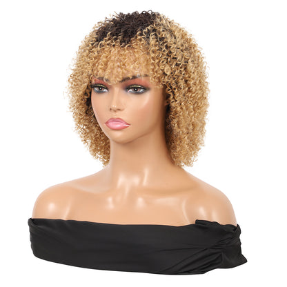 8" Synthetic Short Afro Kinky Curly Wigs for Black Women Realistic Curly Wigs with Hair Bangs Lightweight Soft Bouncy Curls Hair Wigs（Ombre blonde 1）