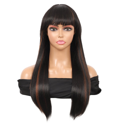 22" Long Straight Silky Smooth Synthetic Hair Wigs with Bangs for Women High Temperature Yaki Texture Full Hair Wigs for Women (Mix Black Brown)