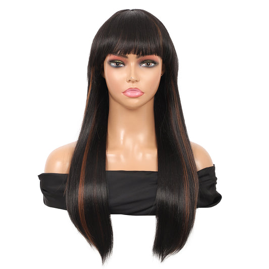 22" Long Straight Silky Smooth Synthetic Hair Wigs with Bangs for Women High Temperature Yaki Texture Full Hair Wigs for Women (Mix Black Brown)