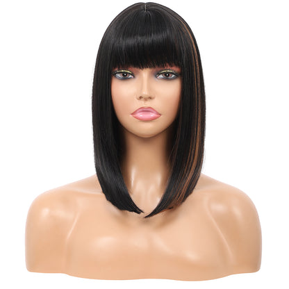 Bob Wigs for Women Short Straight Bob Wig with Hair Bangs Natural Looking Heat Resistant Synthetic Hair Wigs for Women 13 Inches (Black brown highlights)