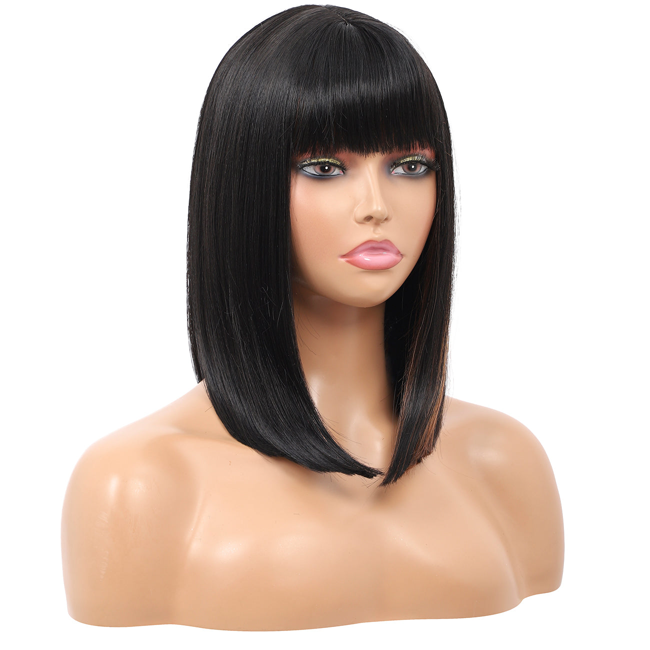 Bob Wigs for Women Short Straight Bob Wig with Hair Bangs Natural Looking Heat Resistant Synthetic Hair Wigs for Women 13 Inches (Black brown highlights)