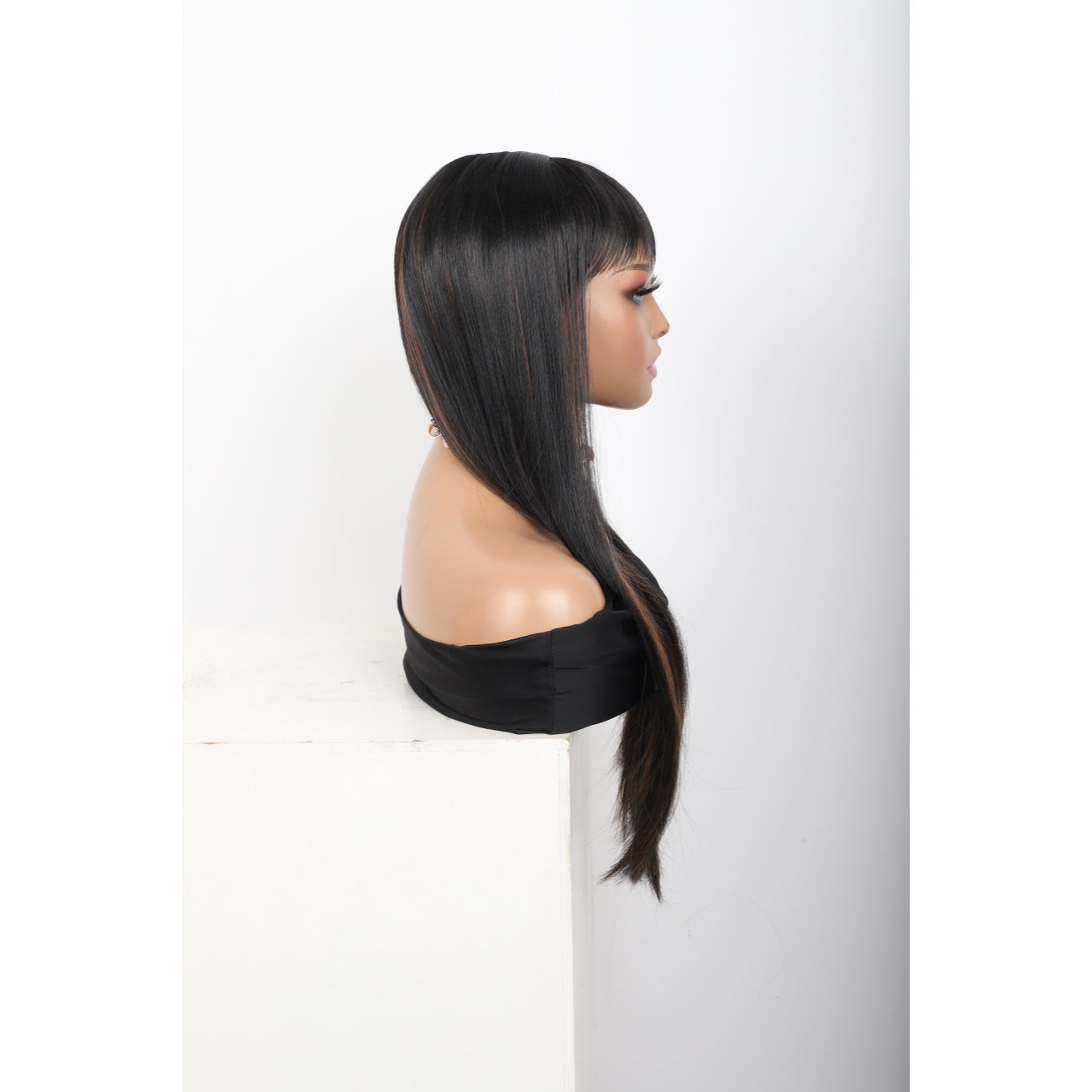 28 inches Mix Black Brown Wigs Women's Silky Long Straight Wig Heat Resistant Synthetic Wig With Bangs Hair Wig for Women