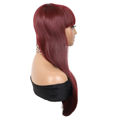 28 inches Burgundy Wigs Women's Silky Long Straight Wig Heat Resistant Synthetic Wig With Bangs Hair Wig for Women