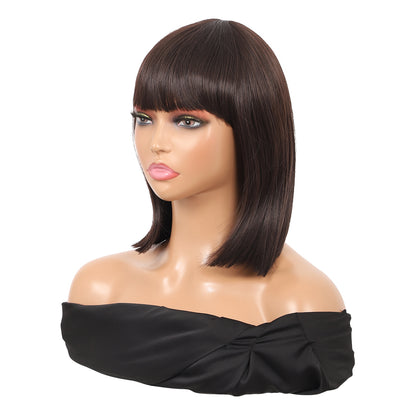 Brown Short Straight Bob Wig with Bangs Yaki Short Wig Glueless Natural Look Easy Wear 12"