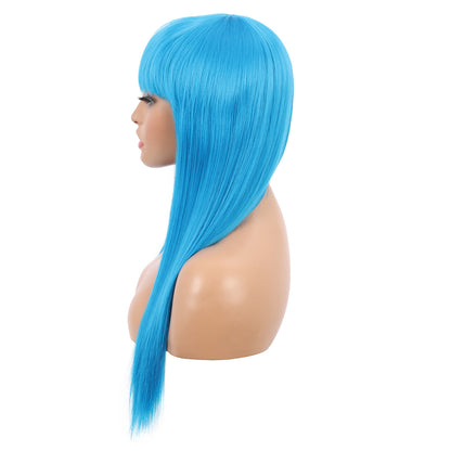 22" Long Straight Silky Smooth Synthetic Hair Wigs with Bangs for Women High Temperature Yaki Texture Full Hair Wigs for Women (Bright Blue)