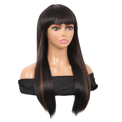 22" Long Straight Silky Smooth Synthetic Hair Wigs with Bangs for Women High Temperature Yaki Texture Full Hair Wigs for Women (Mix Black Brown)