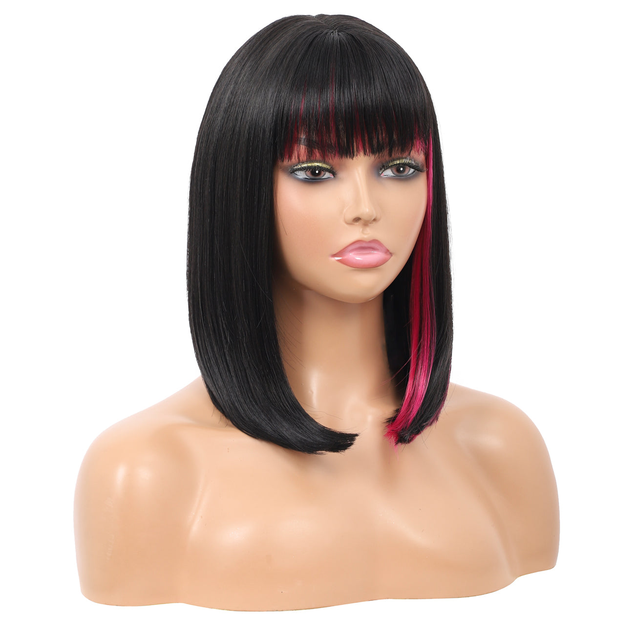 Bob Wigs for Women Short Straight Bob Wig with Hair Bangs Natural Looking Heat Resistant Synthetic Hair Wigs for Women 13 Inches (Black with pink highlights)