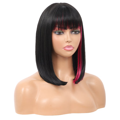 Bob Wigs for Women Short Straight Bob Wig with Hair Bangs Natural Looking Heat Resistant Synthetic Hair Wigs for Women 13 Inches (Black with pink highlights)