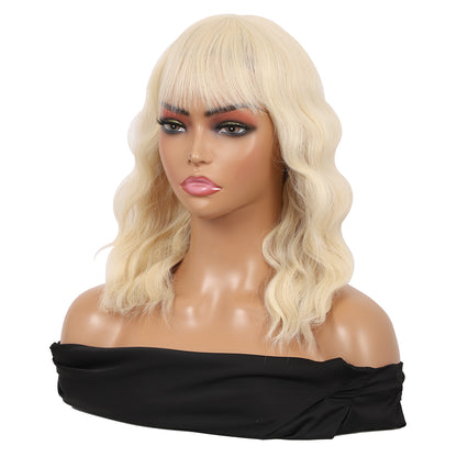 Short Synthetic Light Blonde Wig with Hair Bangs Short Wavy Curly Wig for Women -Natural Looking and Heat Resistant Full Head Hair Replacement Wig for Daily Wear or Costume Wig