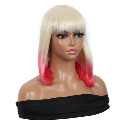 Bob Wigs for Women Short Straight Bob Wig with Hair Bangs Natural Looking Heat Resistant Synthetic Hair Wigs for Women 13 Inches (Blonde to Pink Ombre)