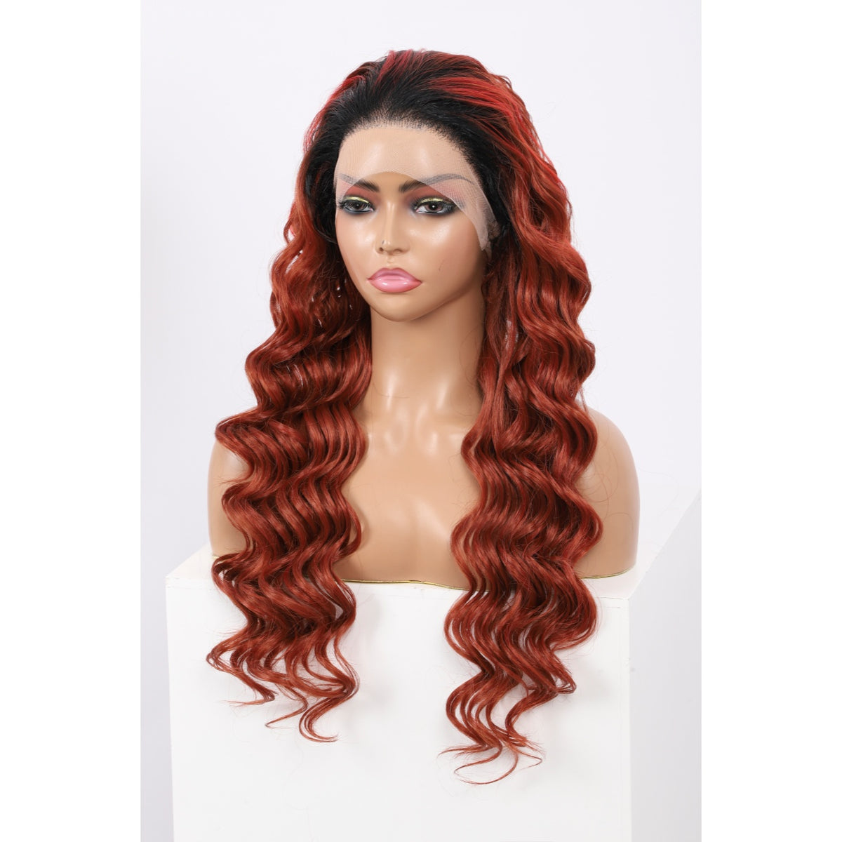 24 Inch Long Loose Deep Wave Wig Synthetic Lace Front Wig for Women Ombre Mix Red Curly Wig Darily Party Dress Women Wigs