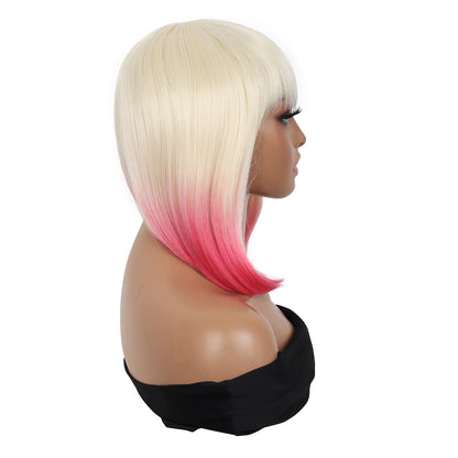 Bob Wigs for Women Short Straight Bob Wig with Hair Bangs Natural Looking Heat Resistant Synthetic Hair Wigs for Women 13 Inches (Blonde to Pink Ombre)