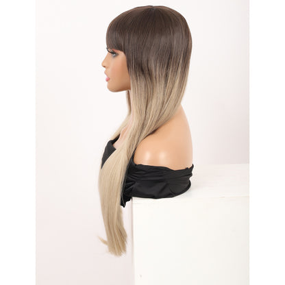 28 inches Ombre Mix blonde Wigs Women's Silky Long Straight Wig Heat Resistant Synthetic Wig With Bangs Hair Wig for Women