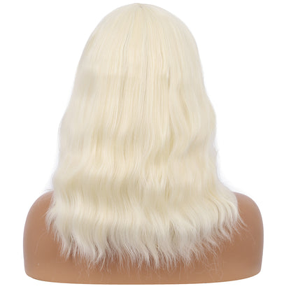 Short Synthetic Platinum blonde Wig with Hair Bangs Short Wavy Curly Wig for Women -Natural Looking and Heat Resistant Full Head Hair Replacement Wig for Daily Wear or Costume Wig