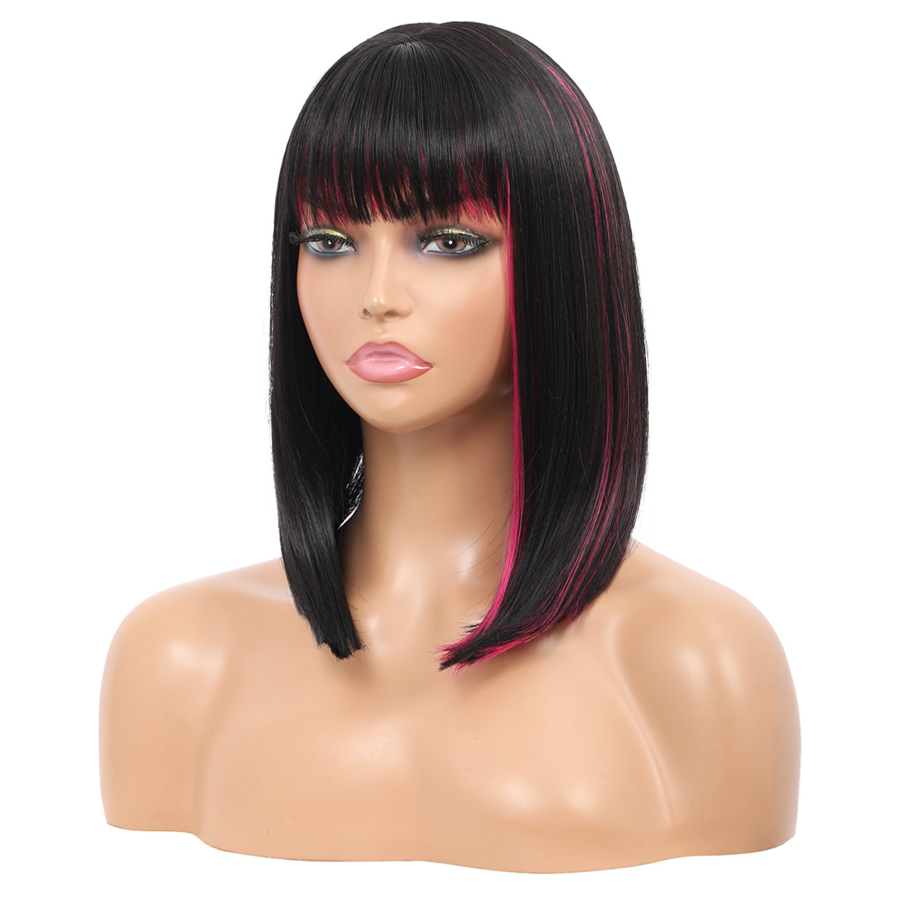 Bob Wigs for Women Short Straight Bob Wig with Hair Bangs Natural Looking Heat Resistant Synthetic Hair Wigs for Women 13 Inches (Black with pink highlights)