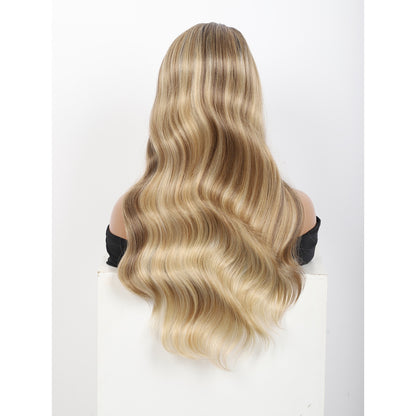 24 Inch Long Curly Wig Side Part  Loose Wave Wig Synthetic Lace Front Wig for Women Ombre Brown Blonde
