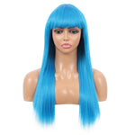 22" Long Straight Silky Smooth Synthetic Hair Wigs with Bangs for Women High Temperature Yaki Texture Full Hair Wigs for Women (Bright Blue)
