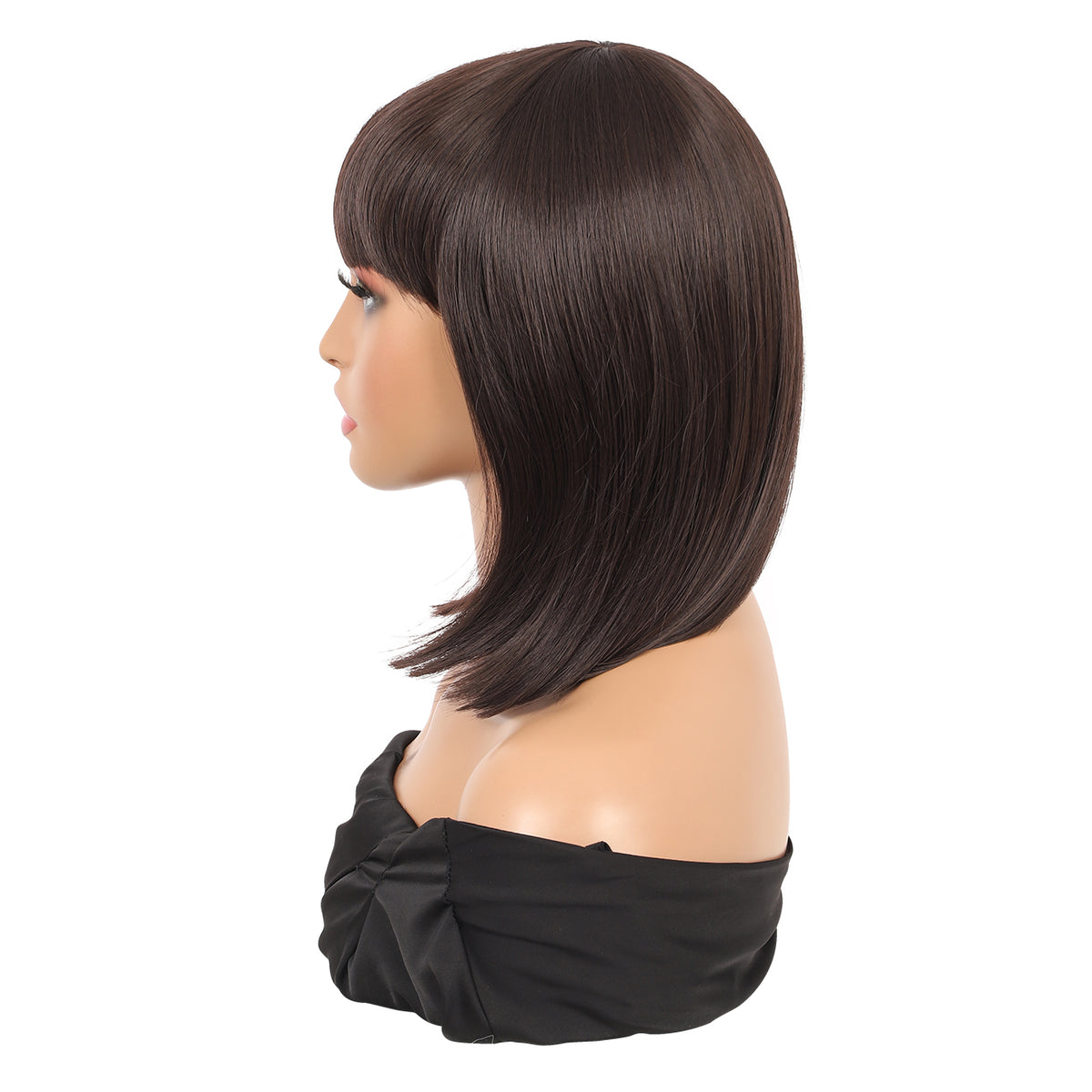 Brown Short Straight Bob Wig with Bangs Yaki Short Wig Glueless Natural Look Easy Wear 12"